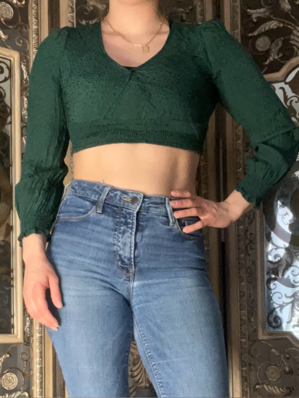 Forest Green Cropped Lace Blouse - Women's Stylish Long Sleeve Top